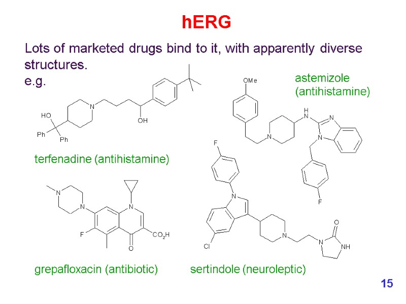 Lots of marketed drugs bind to it, with apparently diverse structures. e.g. grepafloxacin (antibiotic)